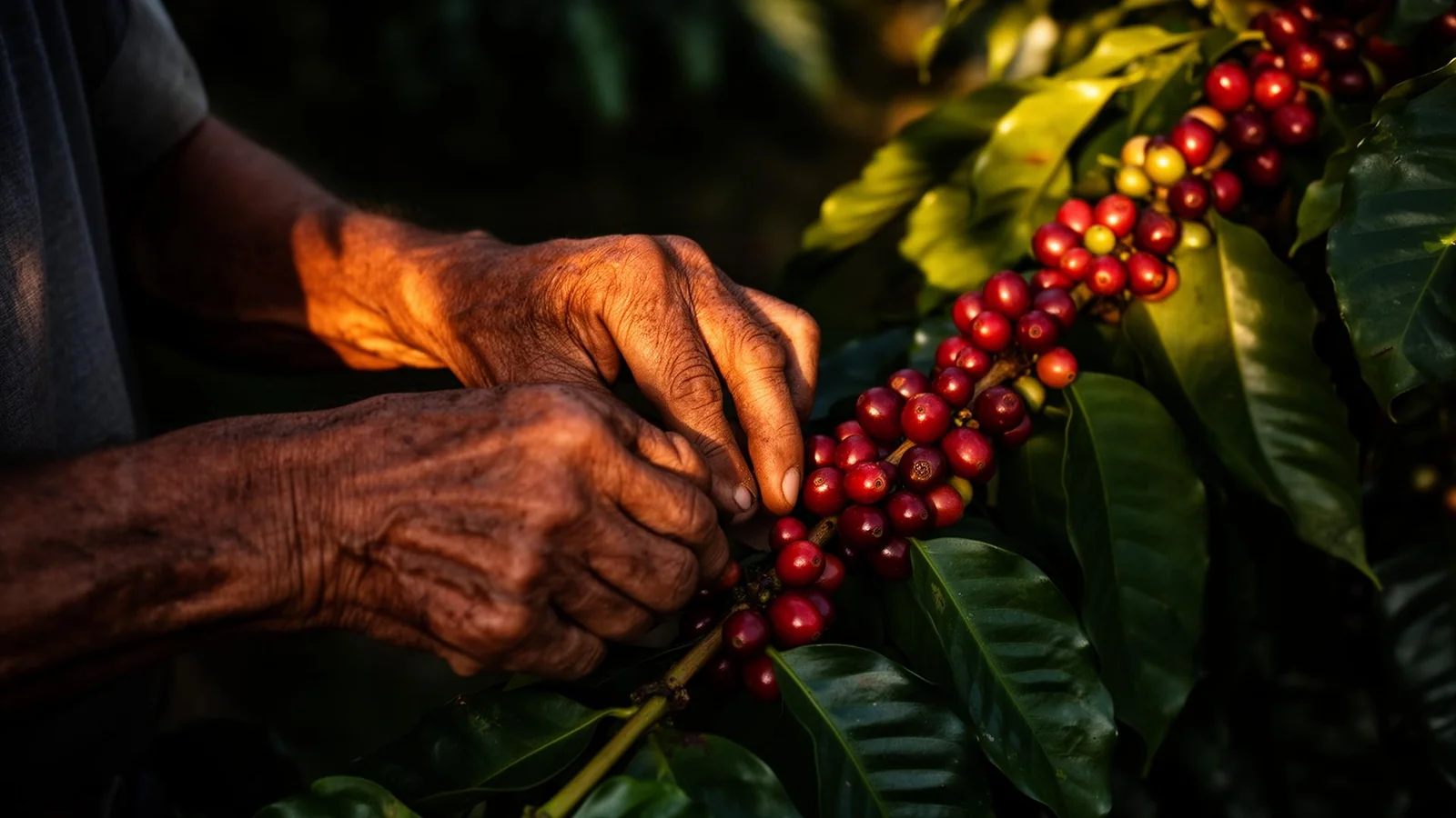 Mãos de produtor colhendo cerejas de café maduras